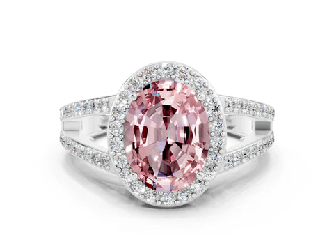 White gold Oval Cut Morganite Halo Ring with Split Shank U-Prong Band and Four-Prong Setting