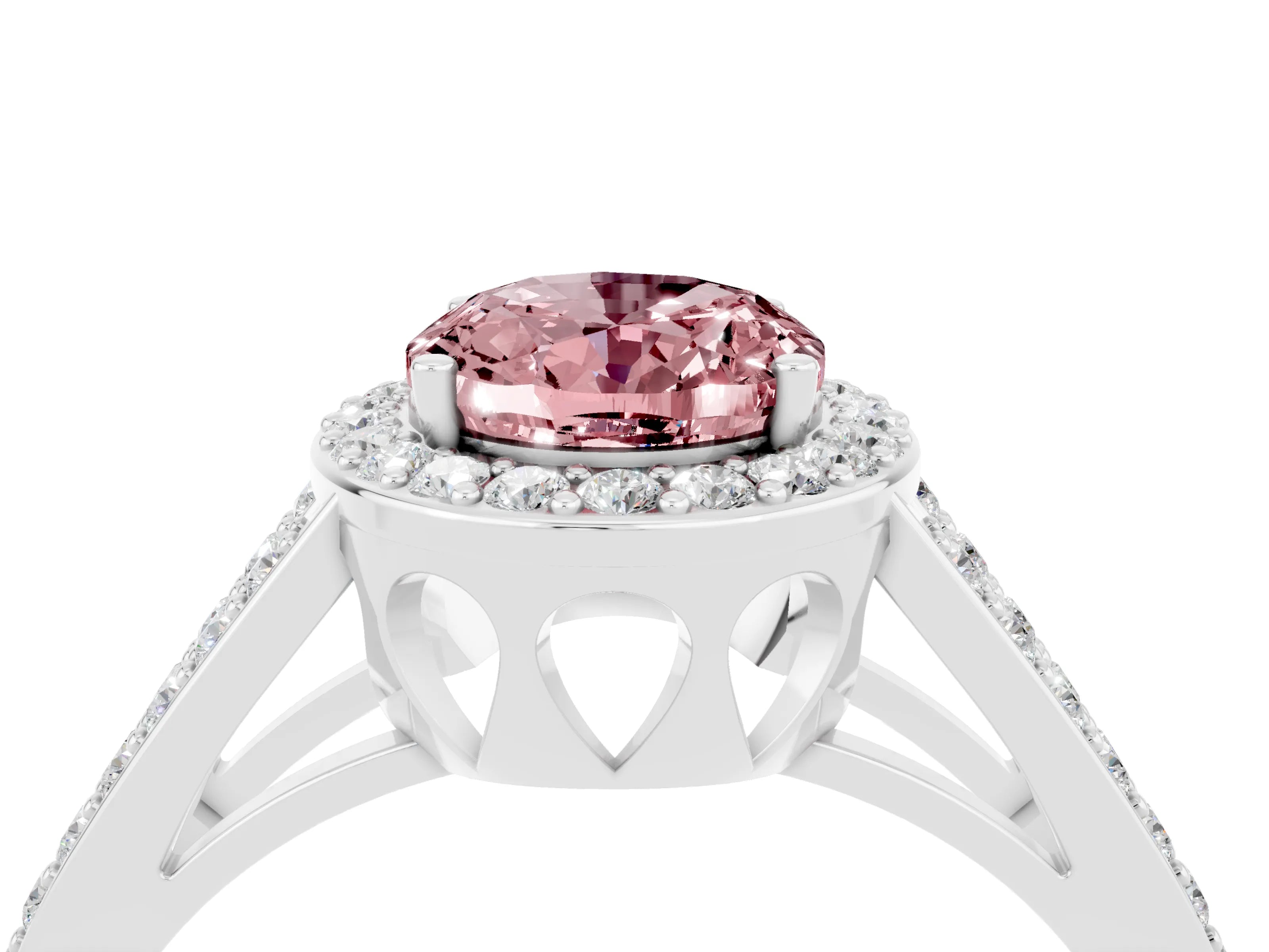 White gold Oval Cut Morganite Halo Ring with Split Shank U-Prong Band and Four-Prong Setting_4