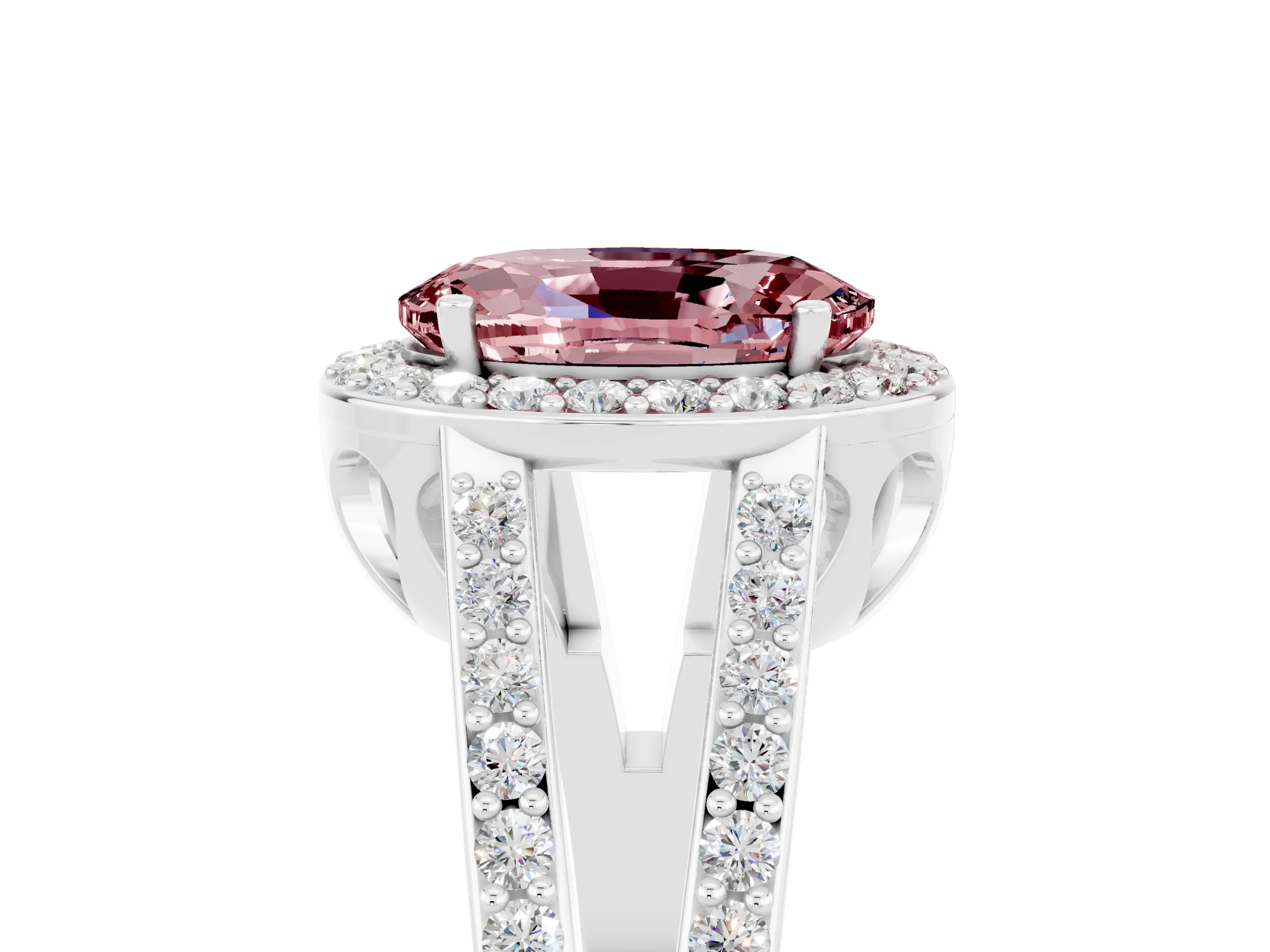 White gold Oval Cut Morganite Halo Ring with Split Shank U-Prong Band and Four-Prong Setting_5