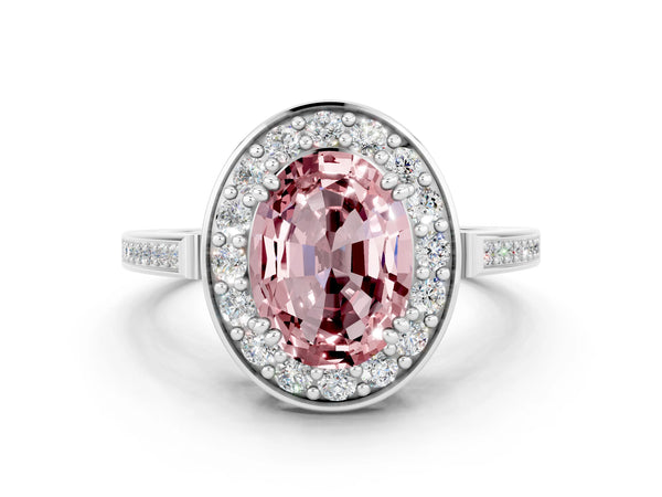 Platinum Oval Cut Morganite Halo Ring with Split Shank and Four-Prong Setting