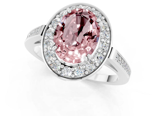 Platinum Oval Cut Morganite Halo Ring with Split Shank and Four-Prong Setting
