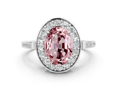 White gold Oval Cut Morganite Halo Ring with Split Shank and Four-Prong Setting_12