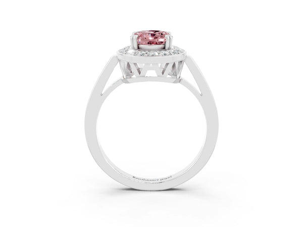 White gold Oval Cut Morganite Halo Ring with Split Shank and Four-Prong Setting