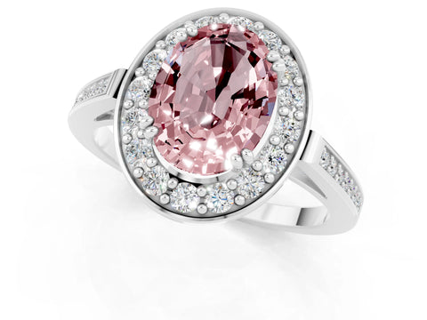 White gold Oval Cut Morganite Halo Ring with Split Shank and Four-Prong Setting_1