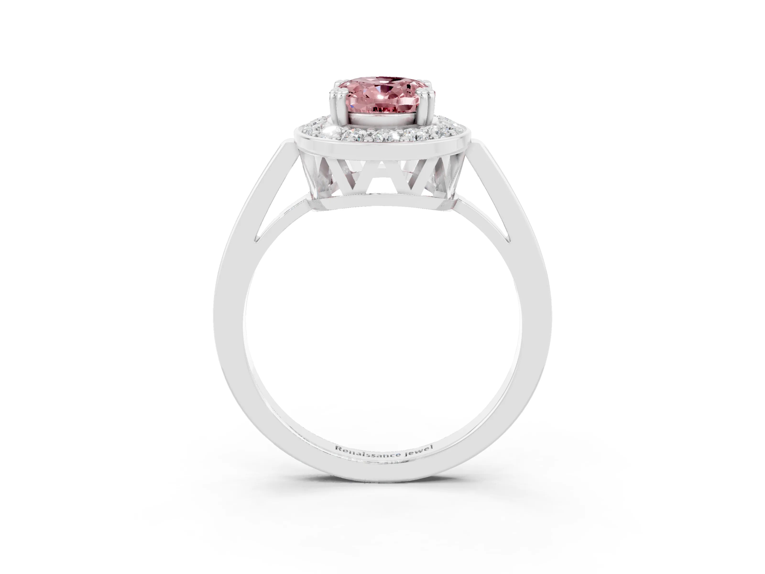 White gold Oval Cut Morganite Halo Ring with Split Shank and Four-Prong Setting_3