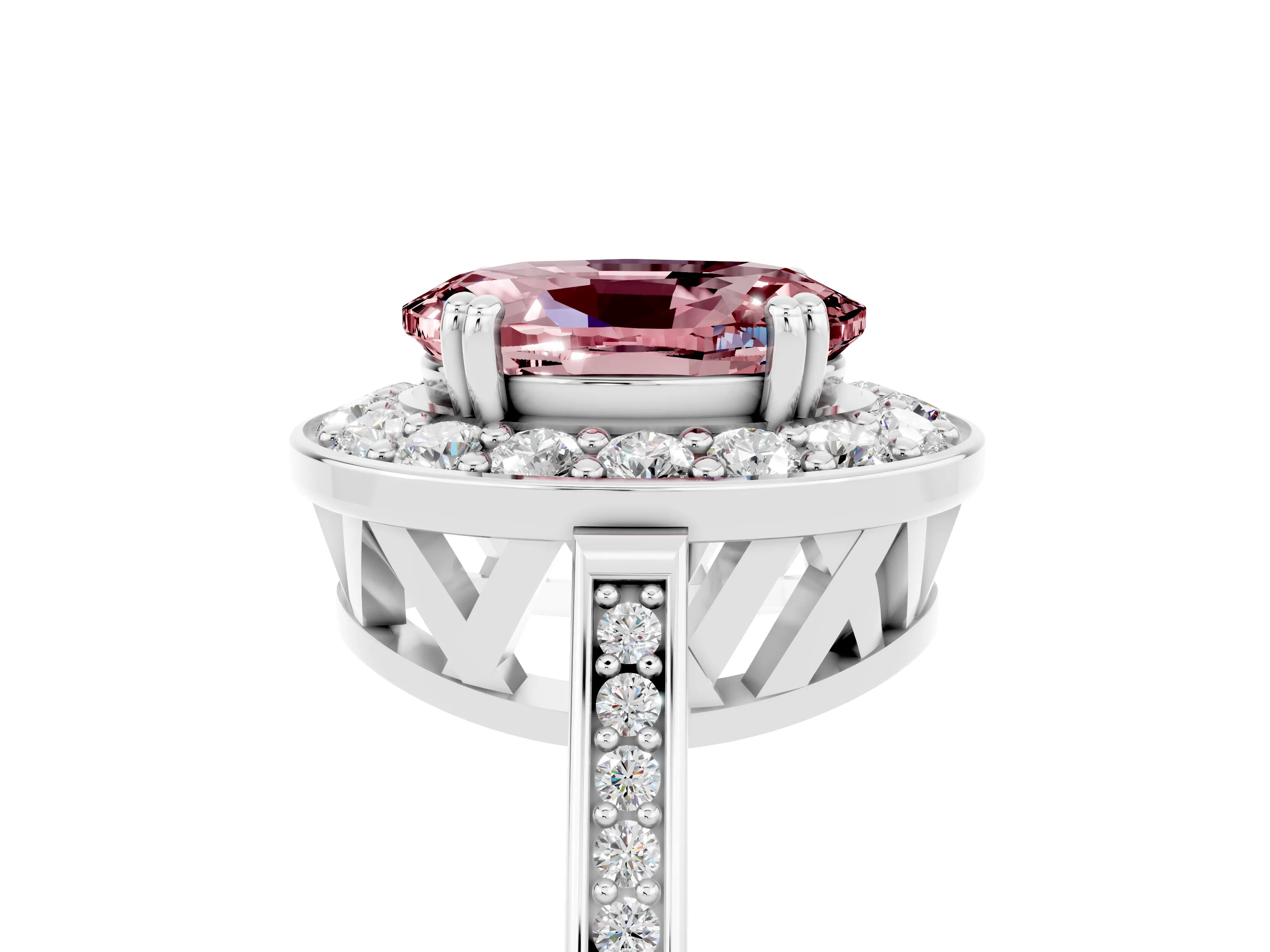 White gold Oval Cut Morganite Halo Ring with Split Shank and Four-Prong Setting_5
