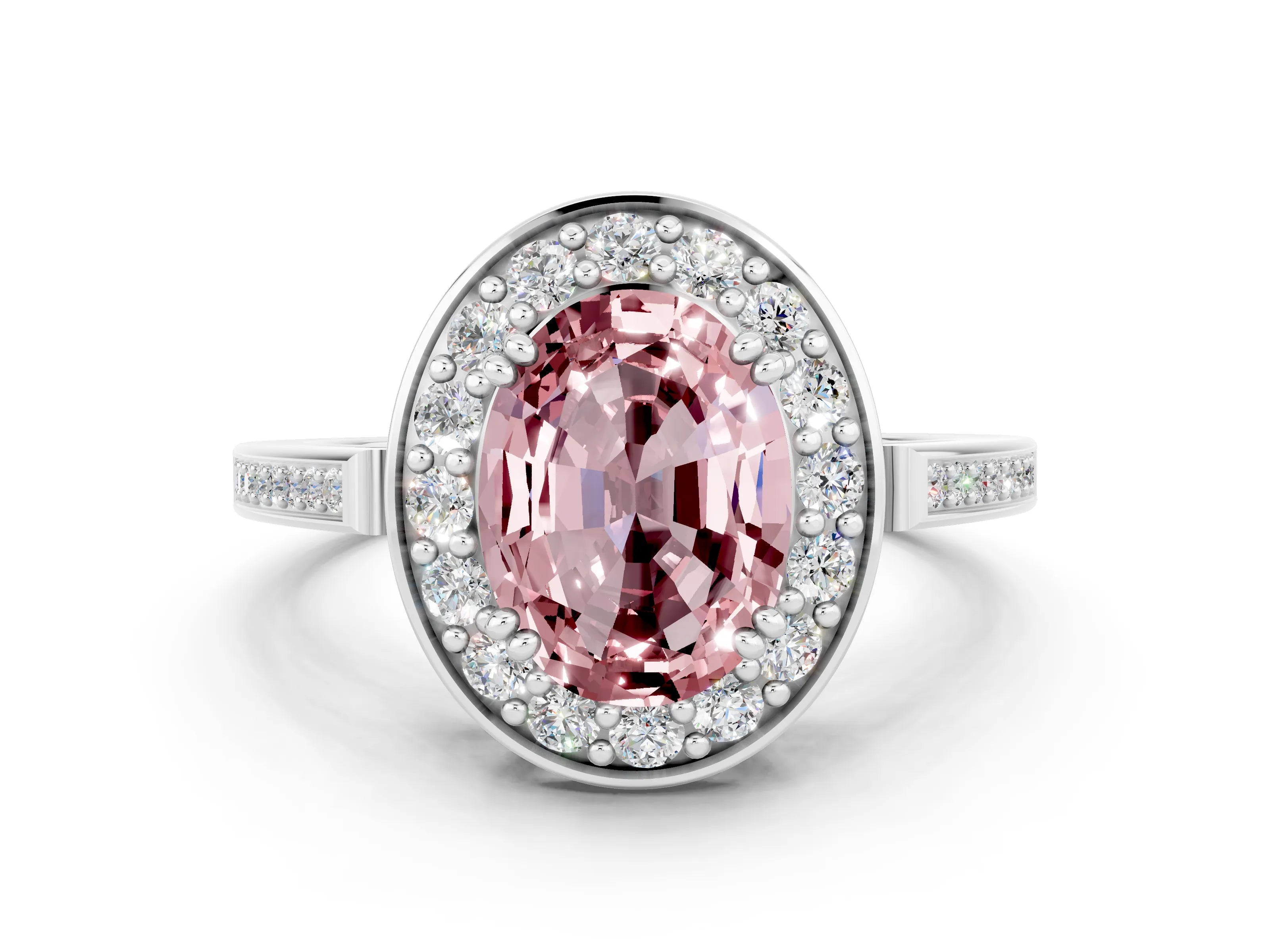 White gold Oval Cut Morganite Halo Ring with Split Shank and Four-Prong Setting