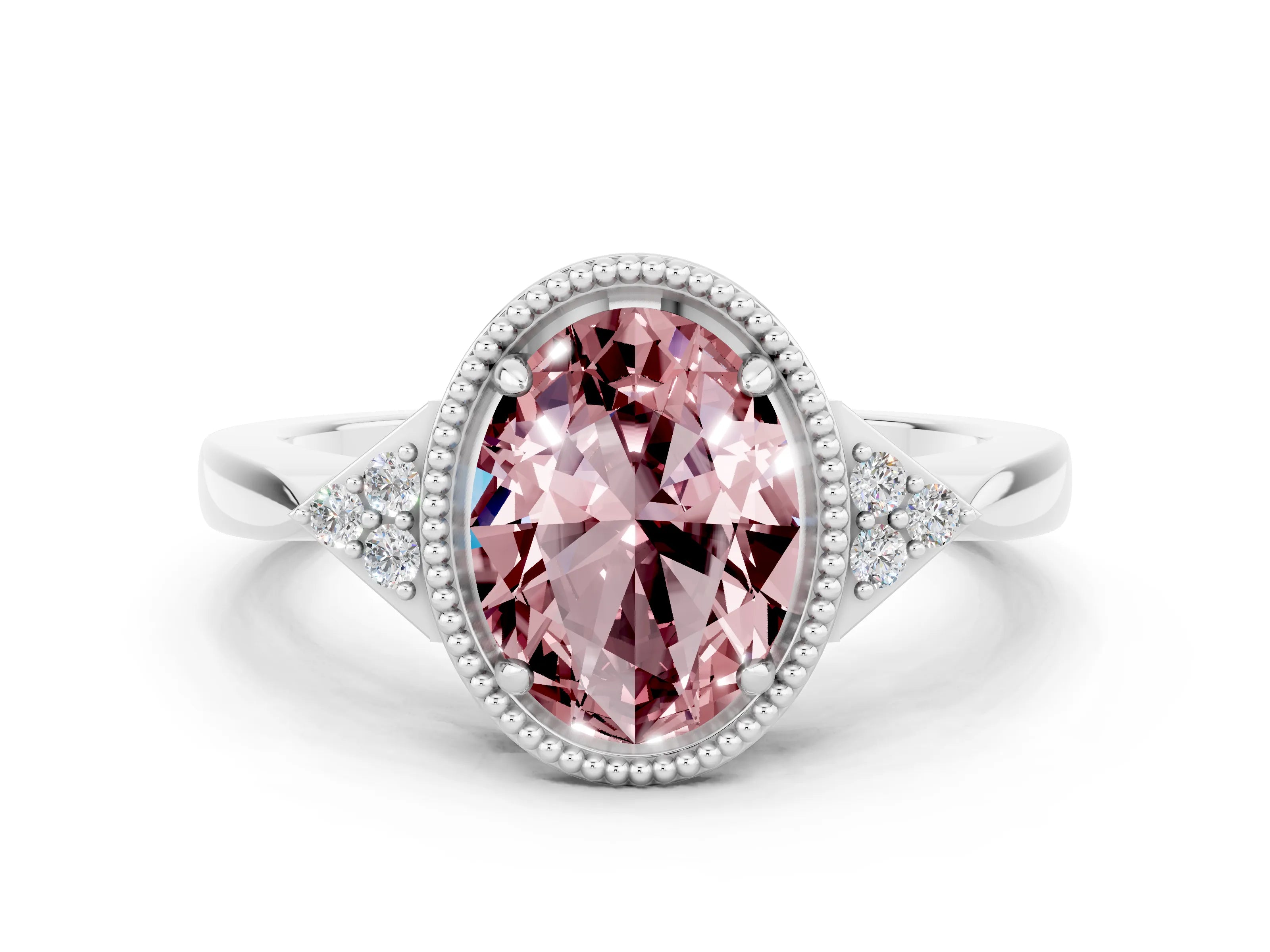 White gold Oval Cut Morganite Halo Ring with Tapered Band and Four-Prong Setting