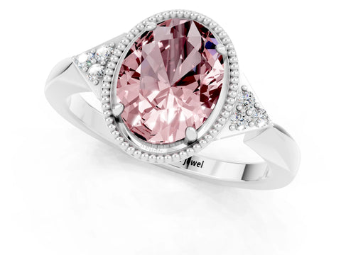 White gold Oval Cut Morganite Halo Ring with Tapered Band and Four-Prong Setting_1