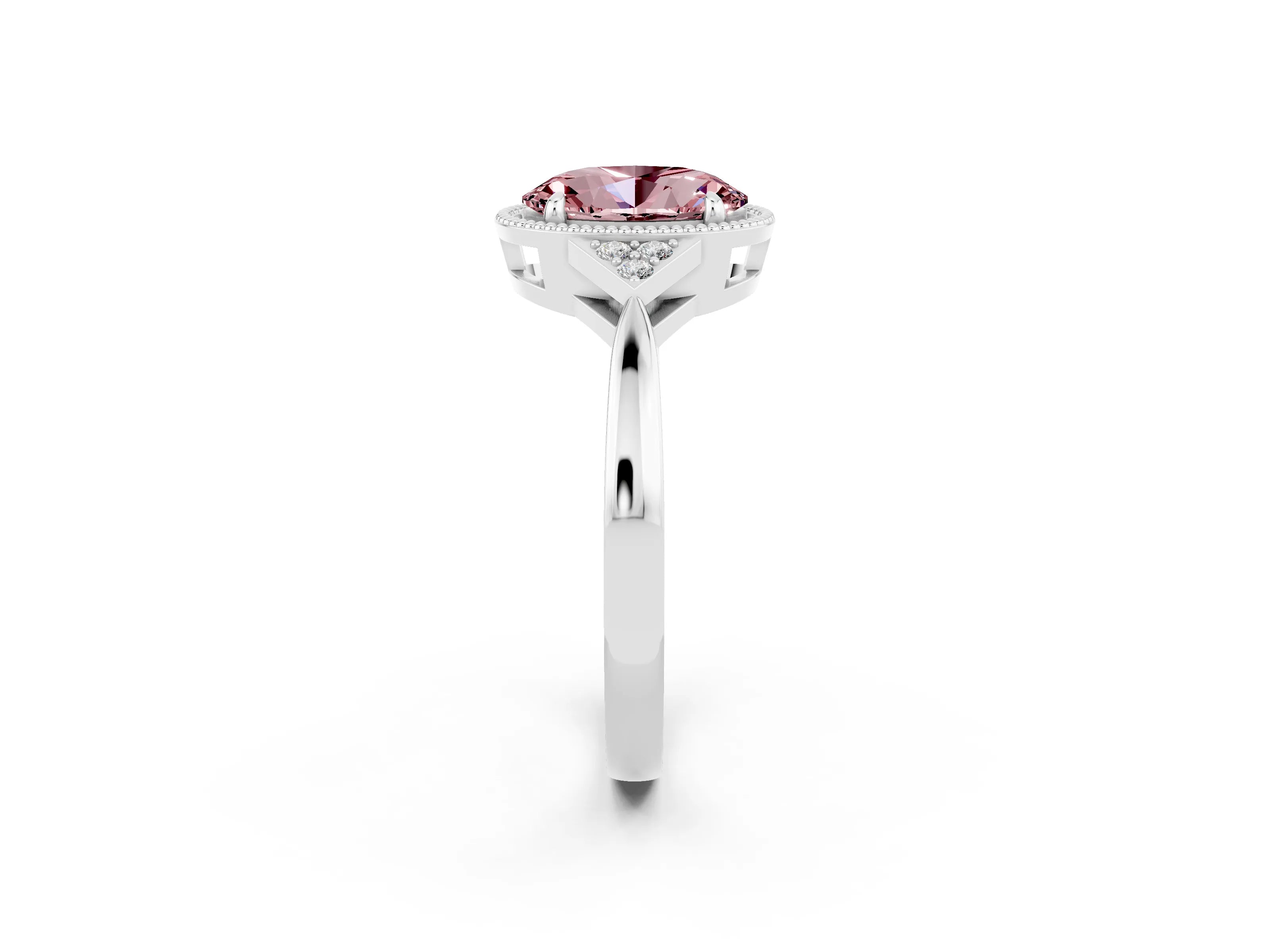 White gold Oval Cut Morganite Halo Ring with Tapered Band and Four-Prong Setting_2