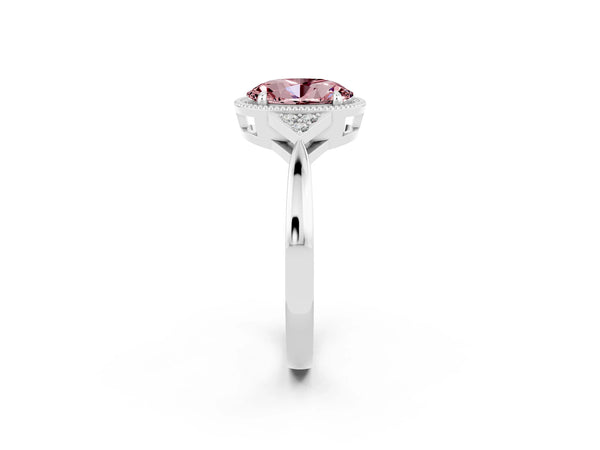 Silver Oval Cut Morganite Halo Ring with Tapered Band and Four-Prong Setting