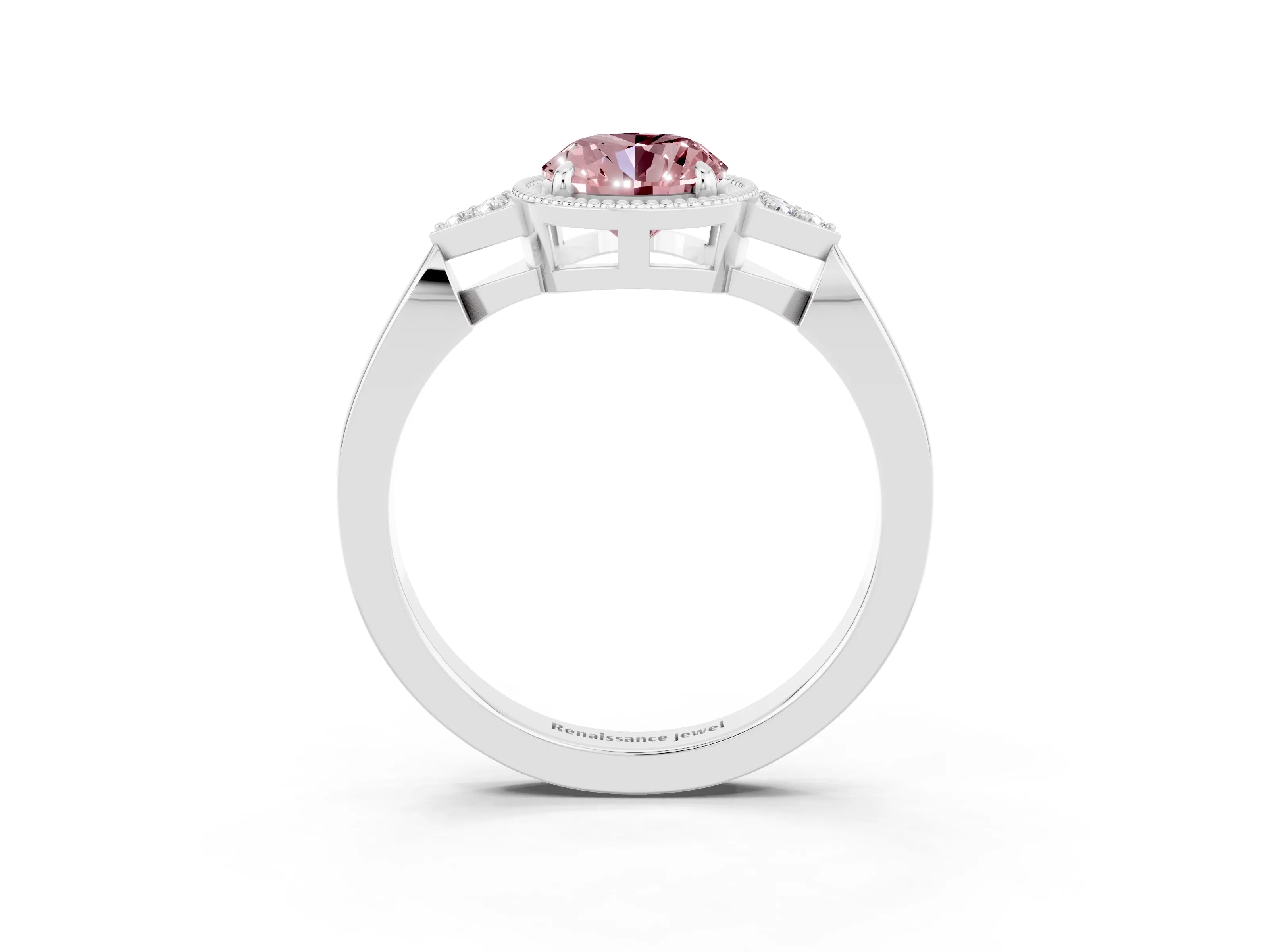 White gold Oval Cut Morganite Halo Ring with Tapered Band and Four-Prong Setting_3