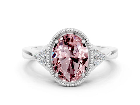 White gold Oval Cut Morganite Halo Ring with Tapered Band and Four-Prong Setting