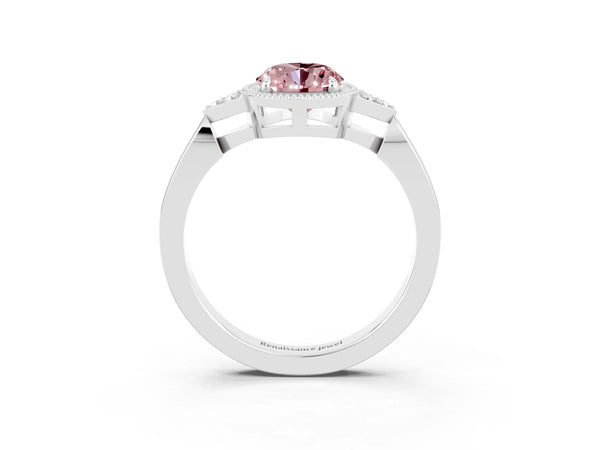 White gold Oval Cut Morganite Halo Ring with Tapered Band and Four-Prong Setting