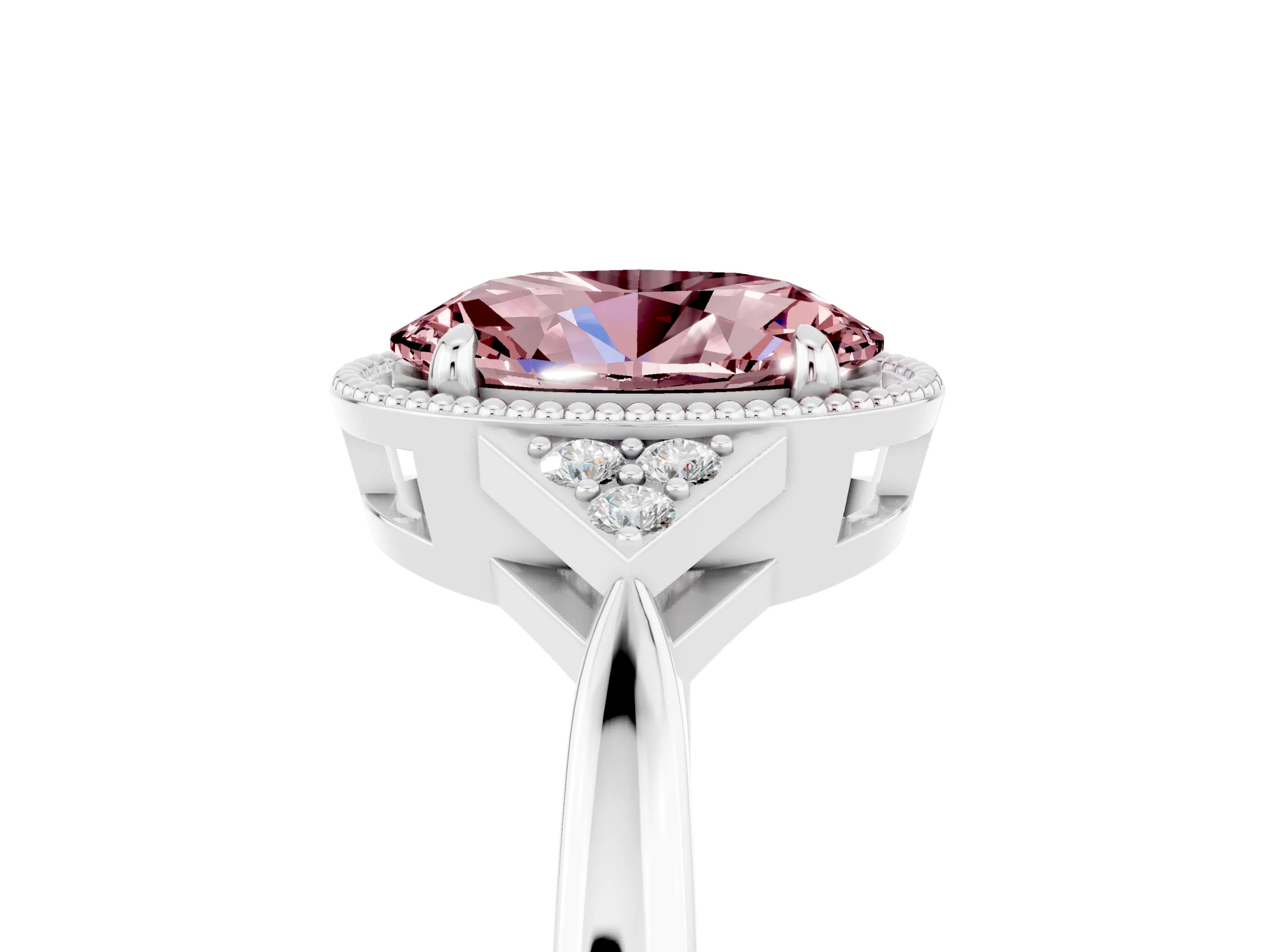 White gold Oval Cut Morganite Halo Ring with Tapered Band and Four-Prong Setting_5