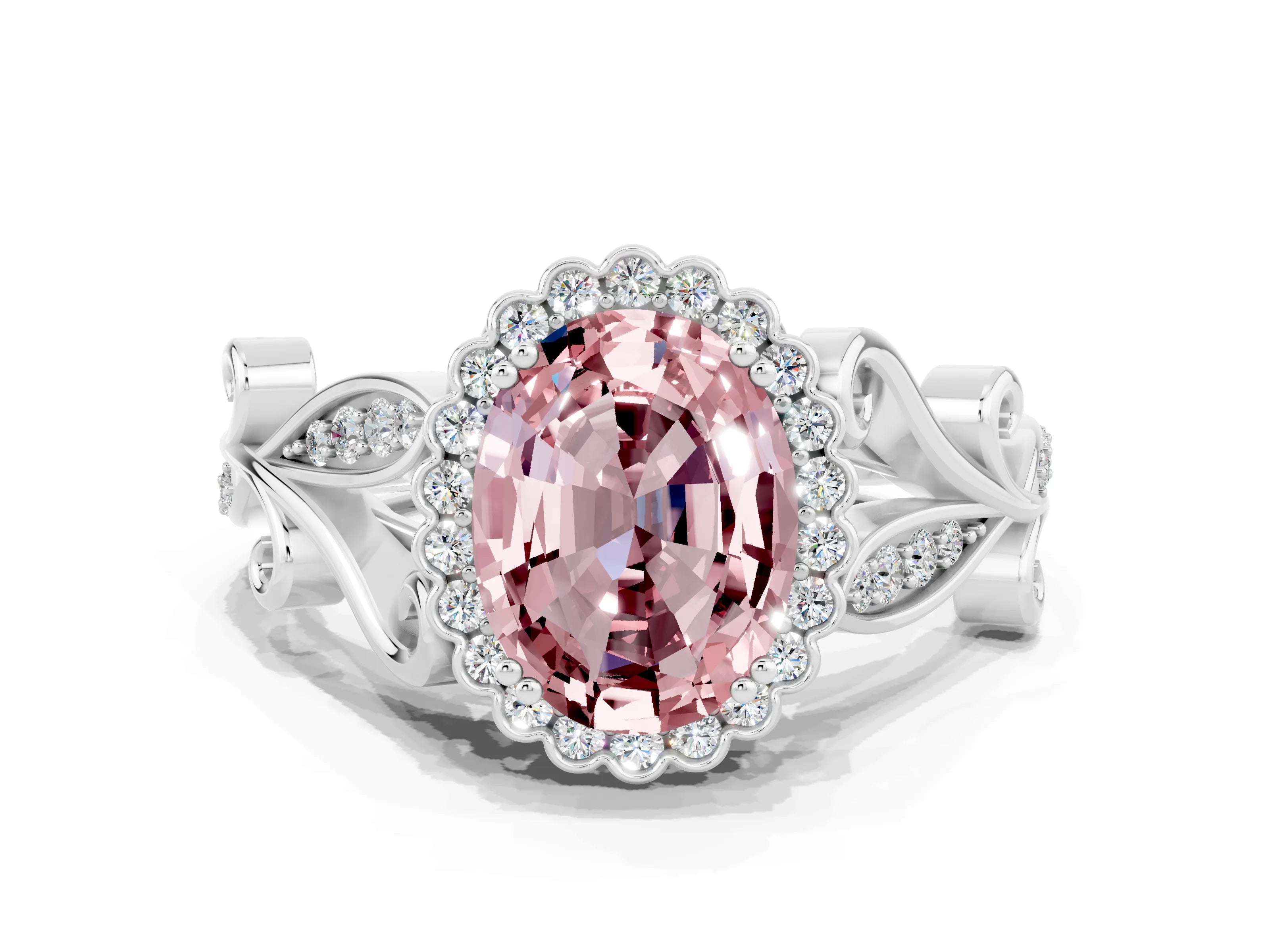 White gold Oval Cut Morganite Halo Ring with Vintage Split Shank and Four-Prong Setting_24