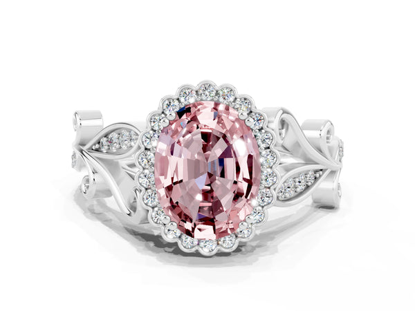 White gold Oval Cut Morganite Halo Ring with Vintage Split Shank and Four-Prong Setting