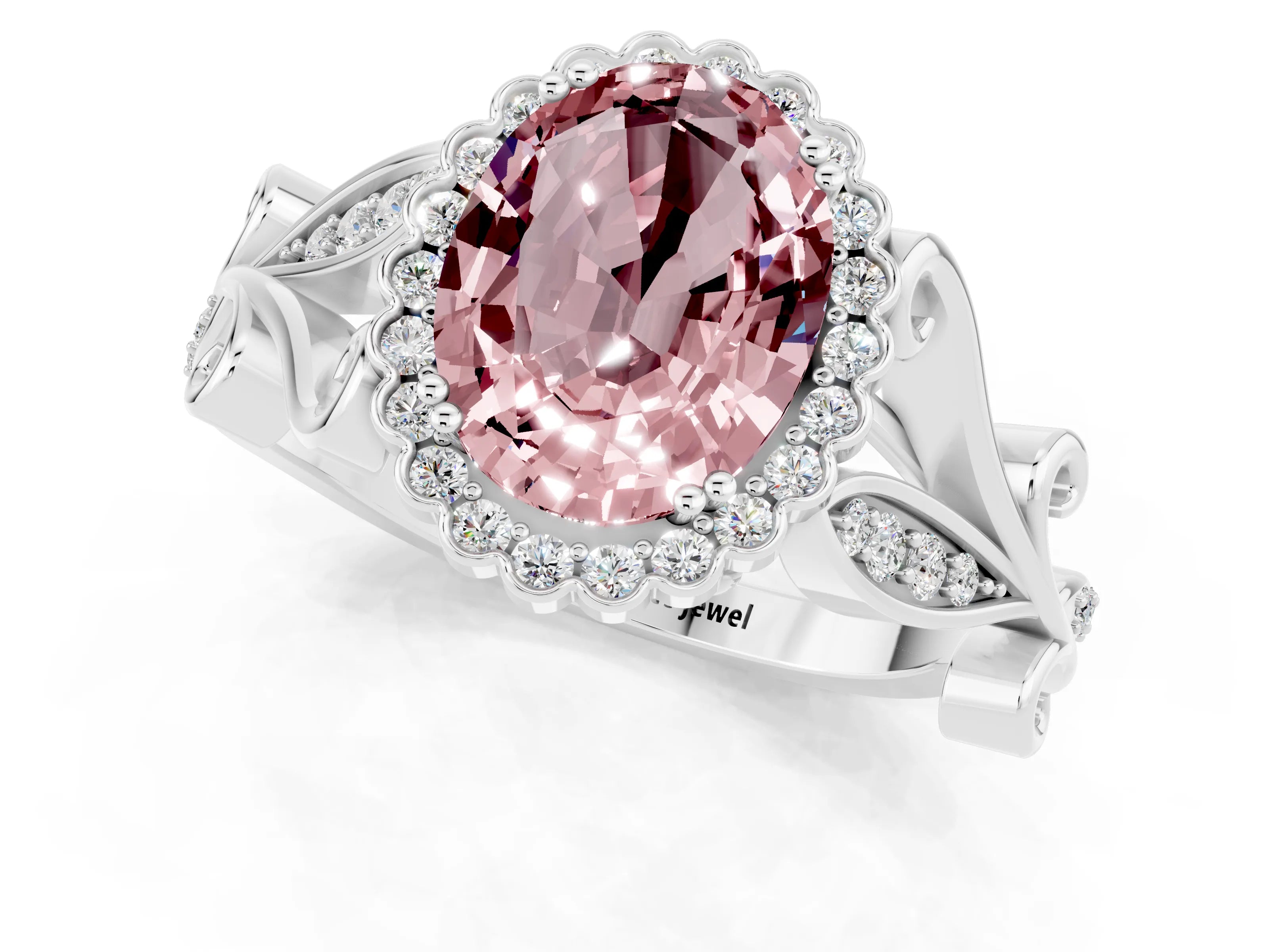 White gold Oval Cut Morganite Halo Ring with Vintage Split Shank and Four-Prong Setting_25