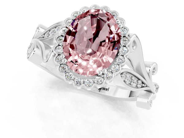 Silver Oval Cut Morganite Halo Ring with Vintage Split Shank and Four-Prong Setting
