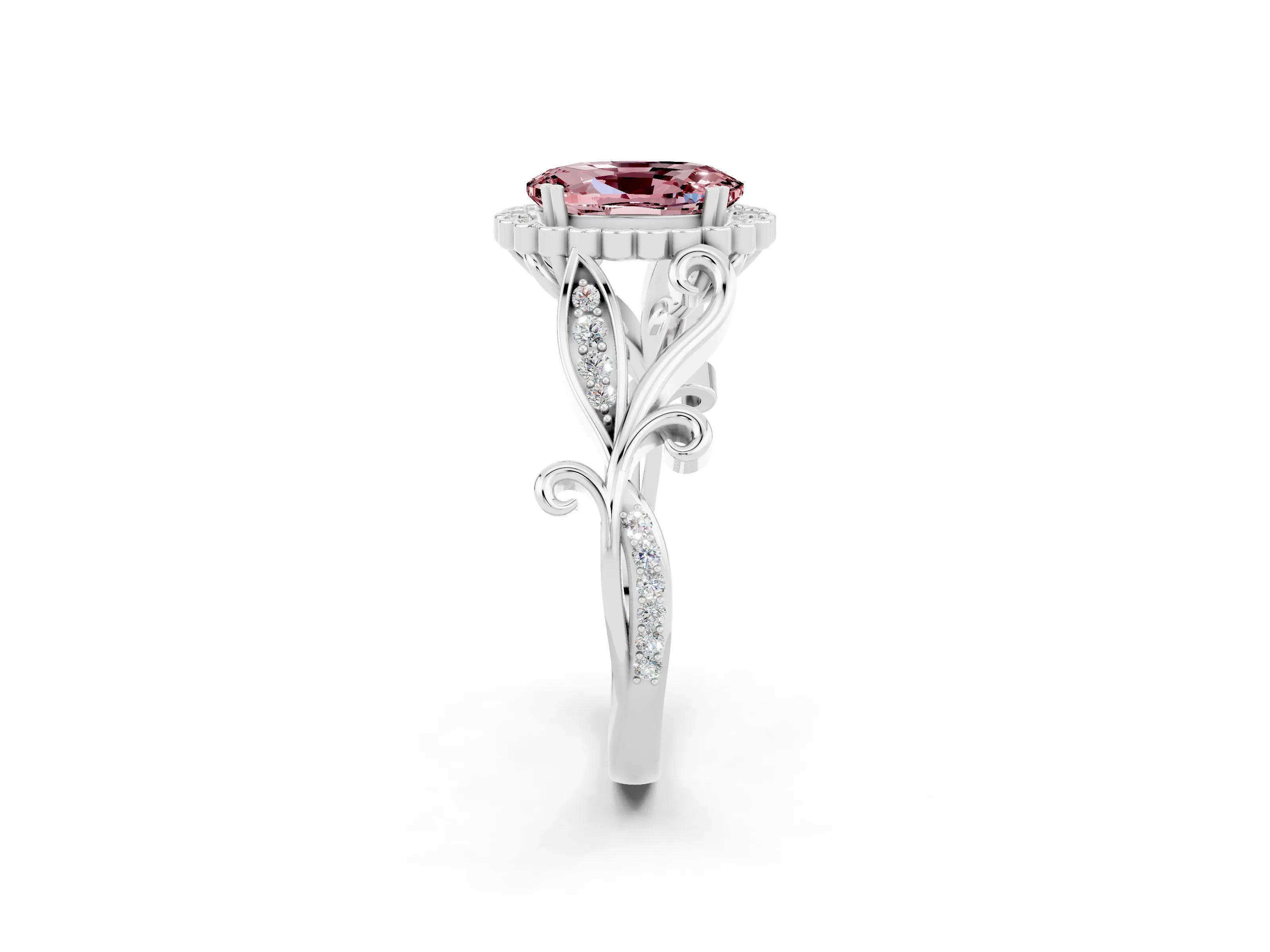 White gold Oval Cut Morganite Halo Ring with Vintage Split Shank and Four-Prong Setting_26