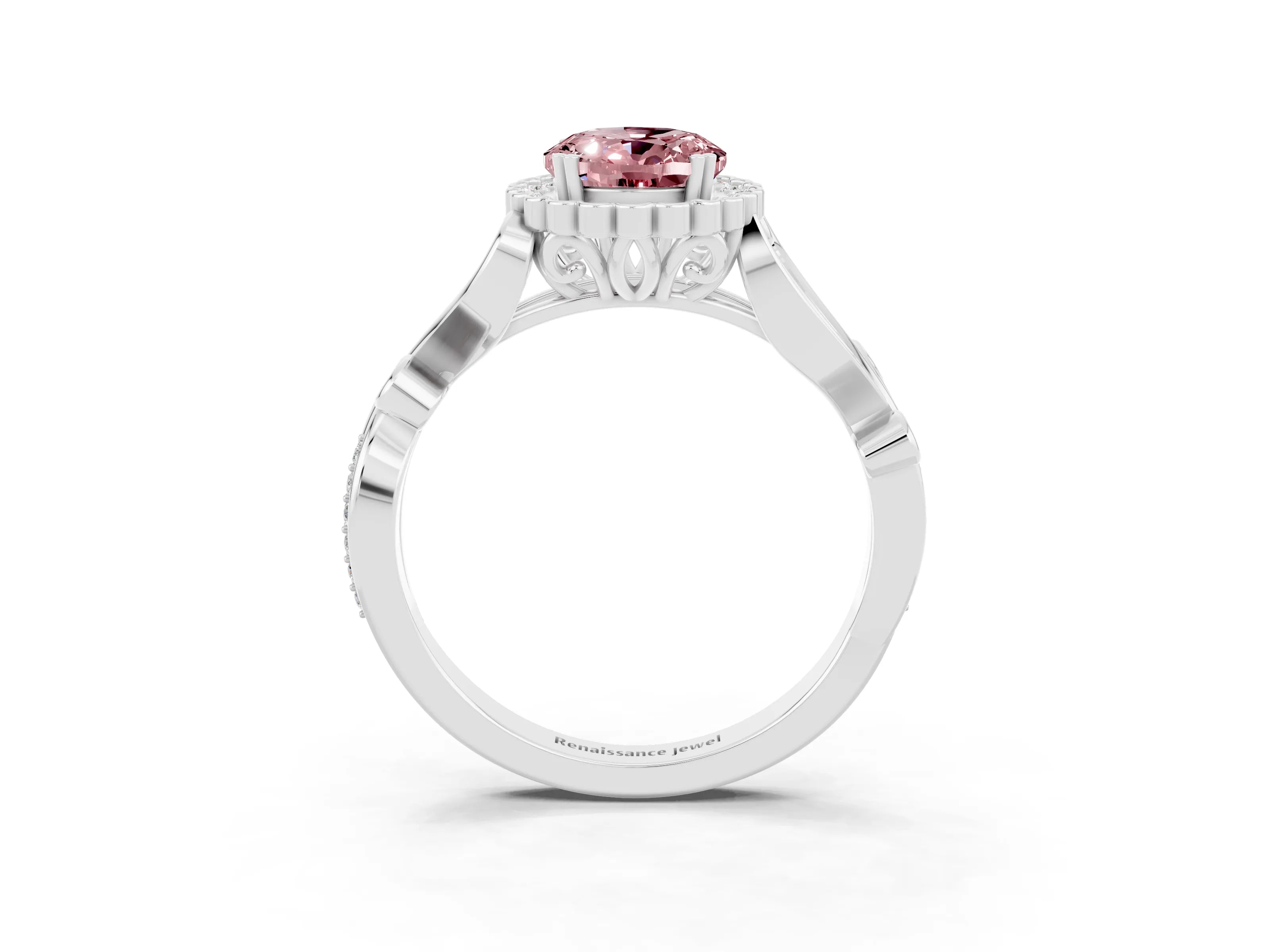 White gold Oval Cut Morganite Halo Ring with Vintage Split Shank and Four-Prong Setting_27