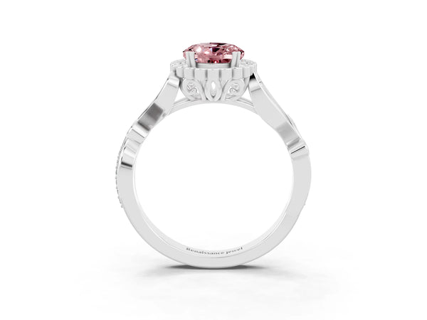 White gold Oval Cut Morganite Halo Ring with Vintage Split Shank and Four-Prong Setting