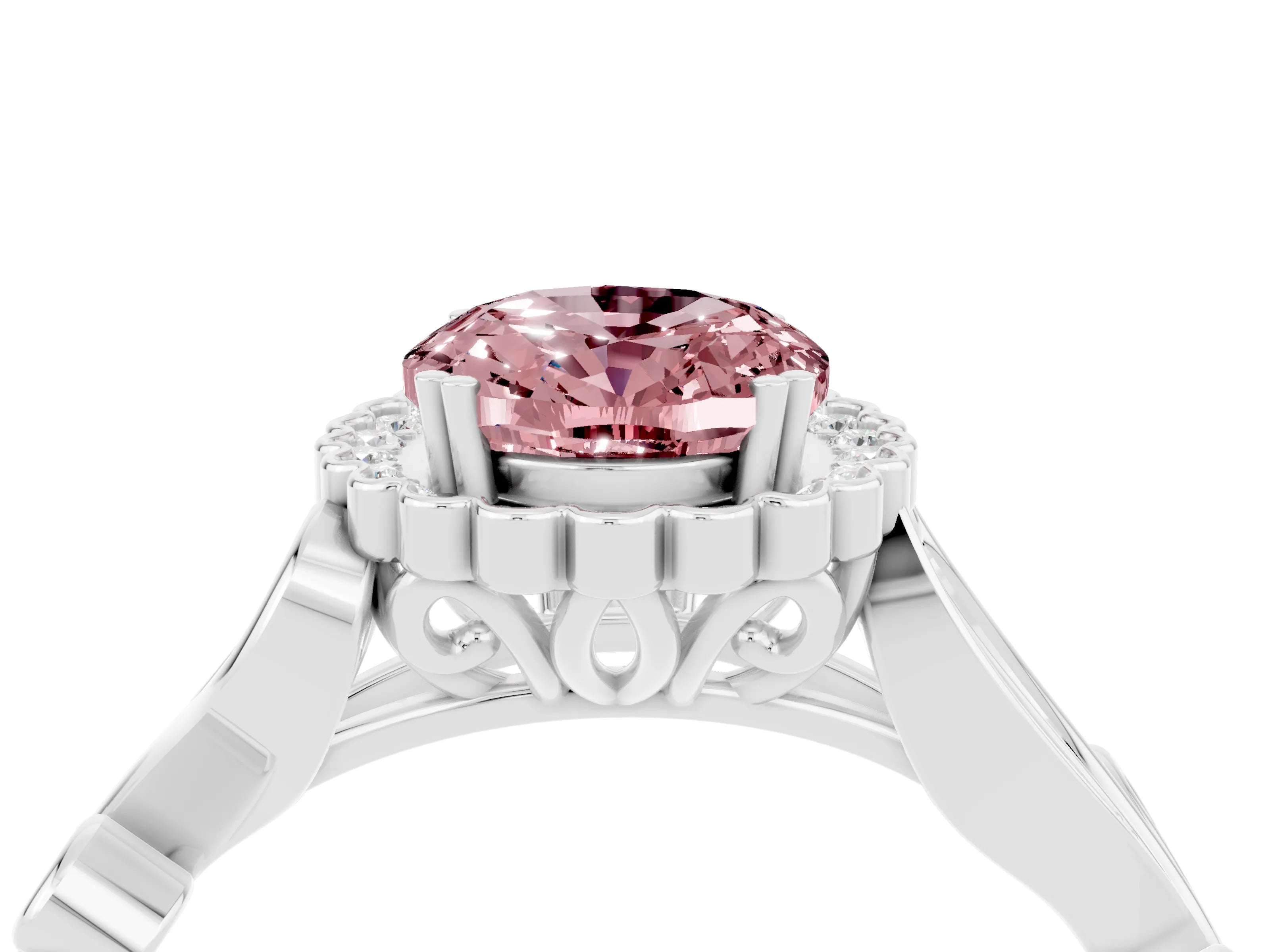 White gold Oval Cut Morganite Halo Ring with Vintage Split Shank and Four-Prong Setting_28