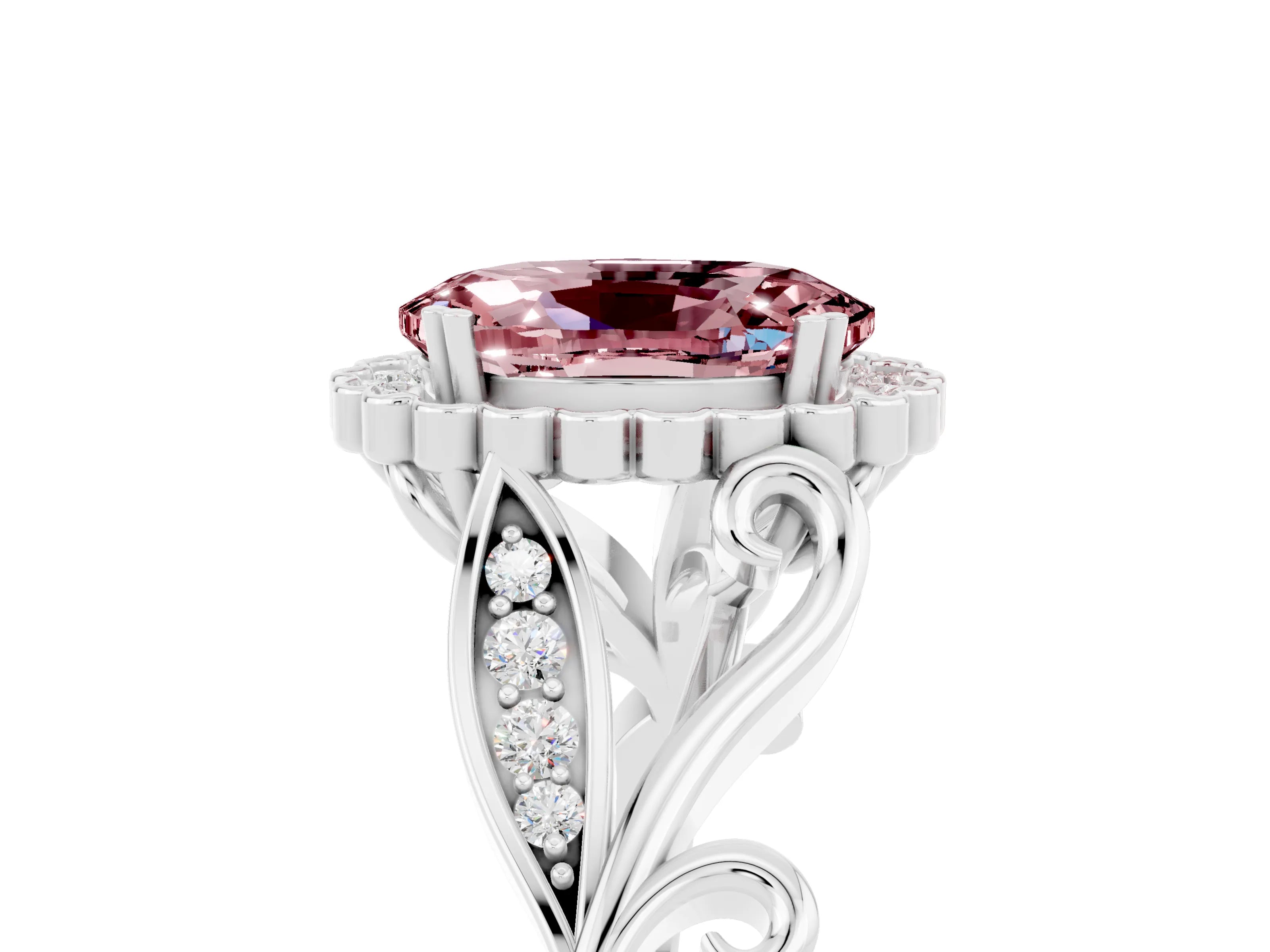 White gold Oval Cut Morganite Halo Ring with Vintage Split Shank and Four-Prong Setting_29