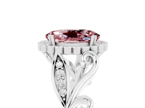 White gold Oval Cut Morganite Halo Ring with Vintage Split Shank and Four-Prong Setting_29
