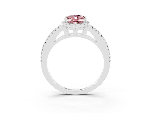 Platinum Oval Cut Morganite Halo Split Shank Engagement Ring