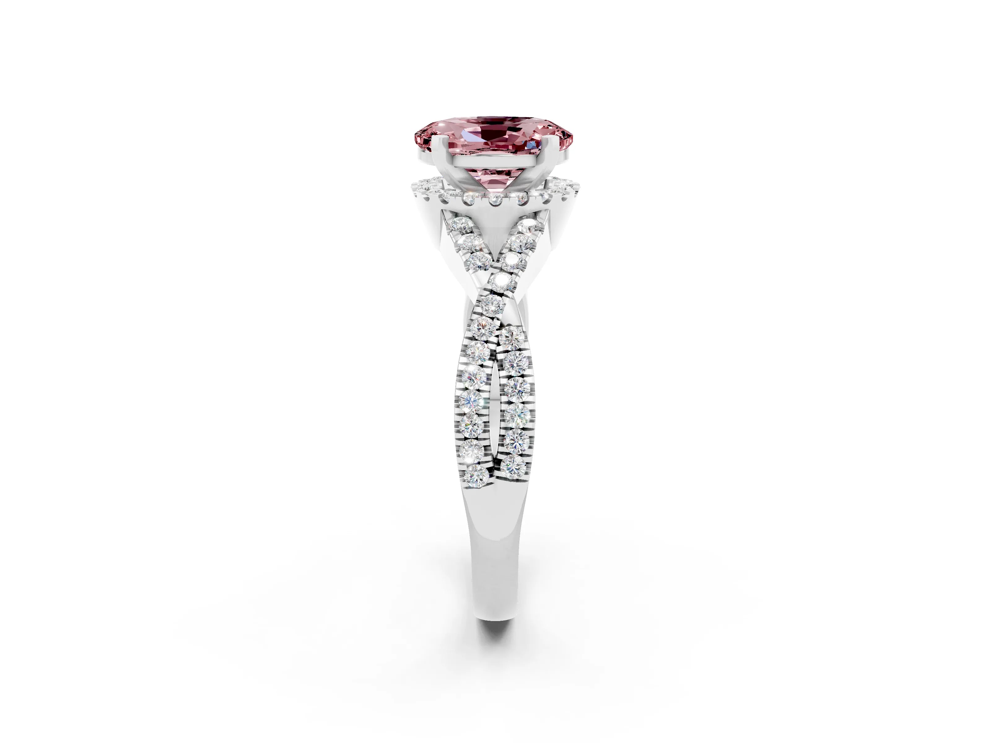 White gold Oval Cut Morganite Halo Twist Band Solitaire Prong Setting Ring_2
