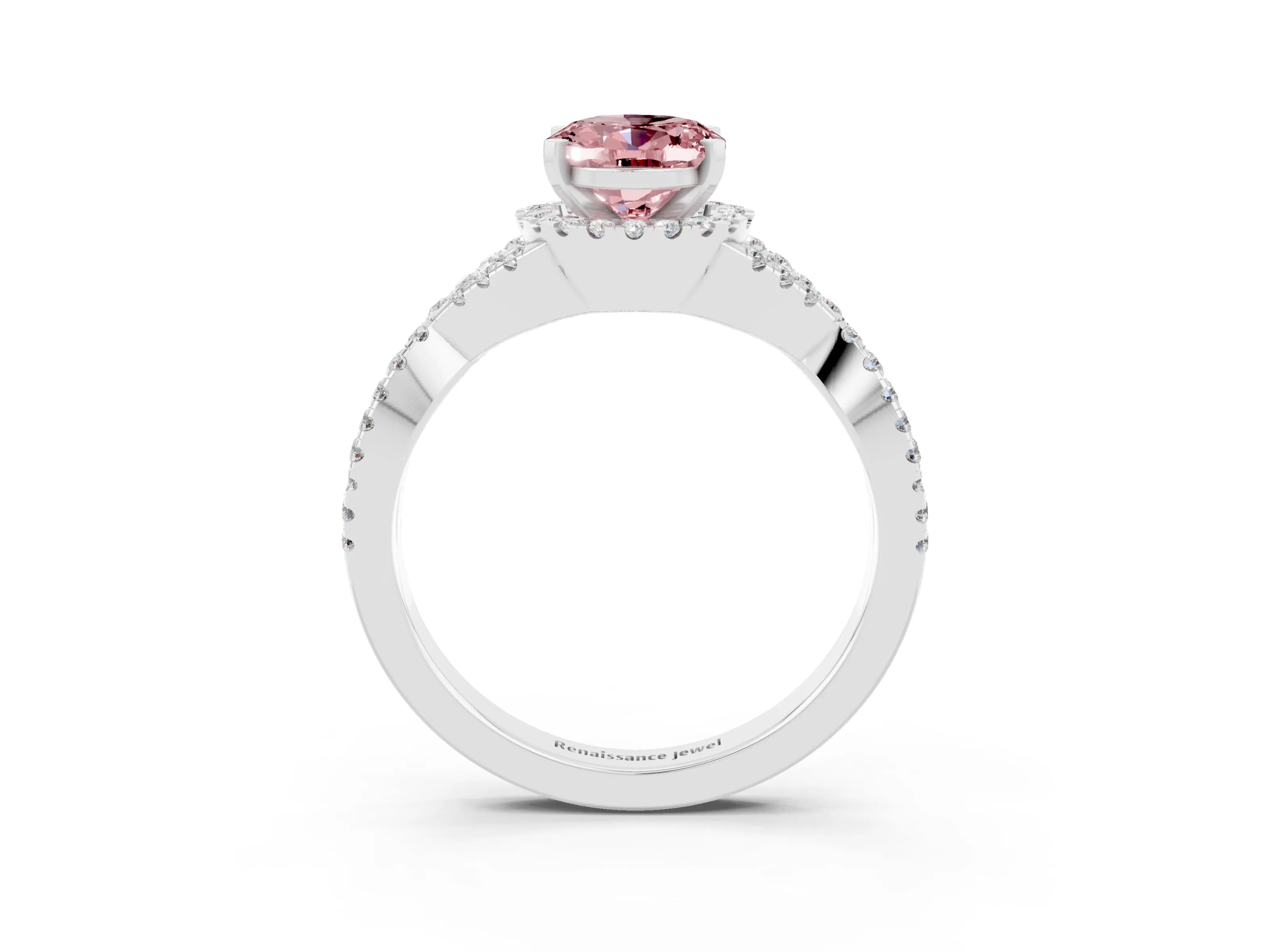 White gold Oval Cut Morganite Halo Twist Band Solitaire Prong Setting Ring_3
