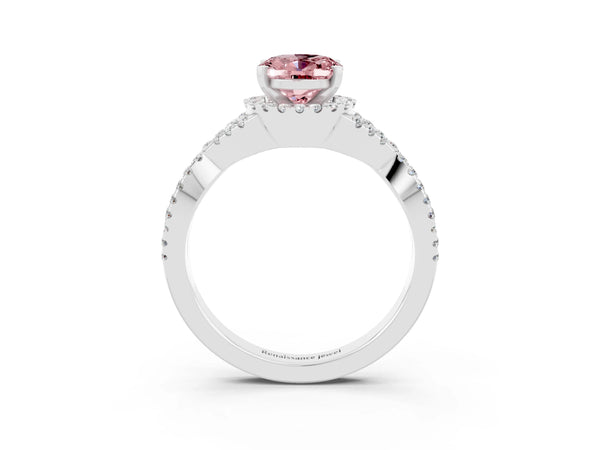 White gold Oval Cut Morganite  Halo Twist Band Solitaire Prong Setting Ring