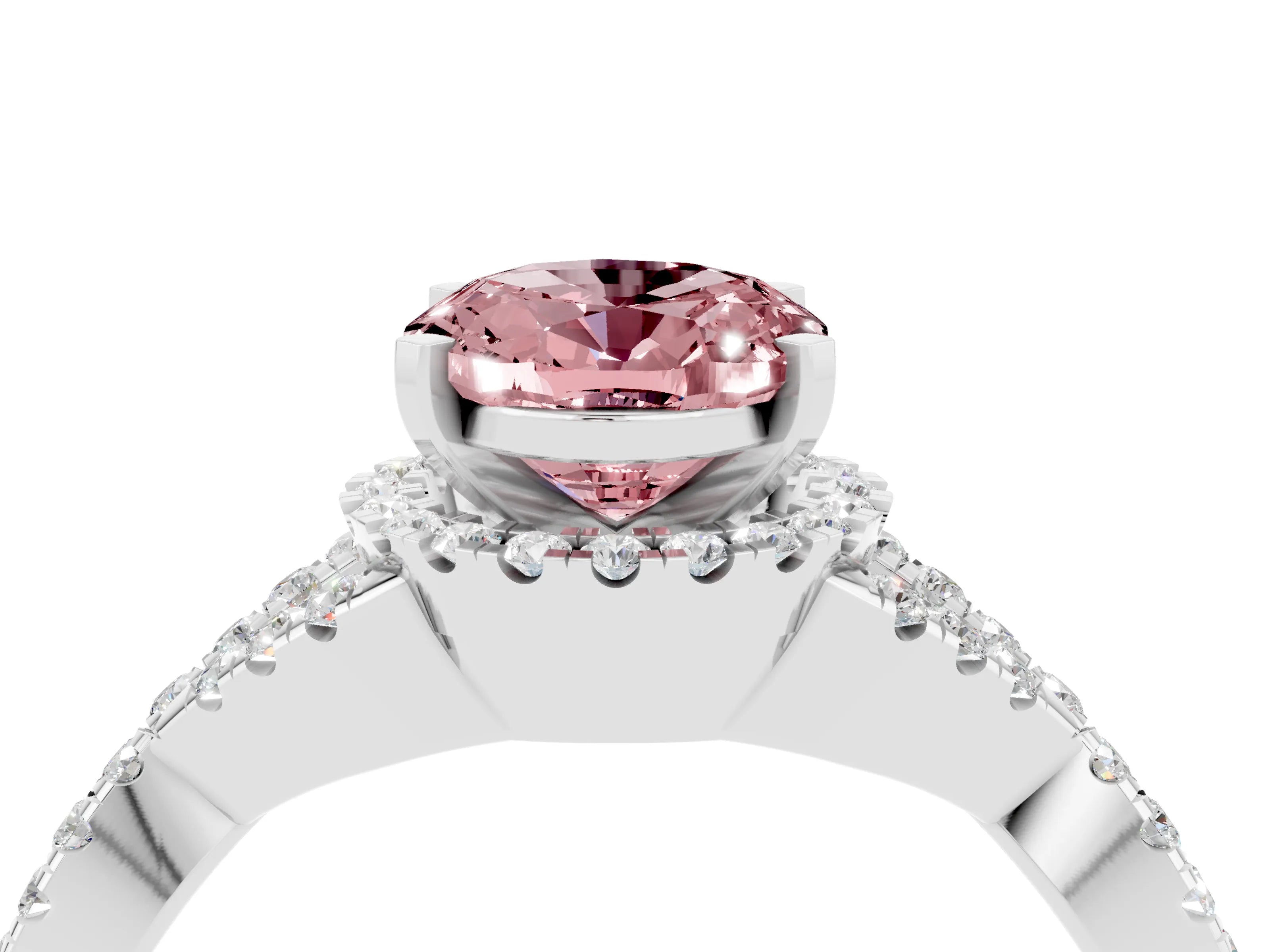 White gold Oval Cut Morganite Halo Twist Band Solitaire Prong Setting Ring_4