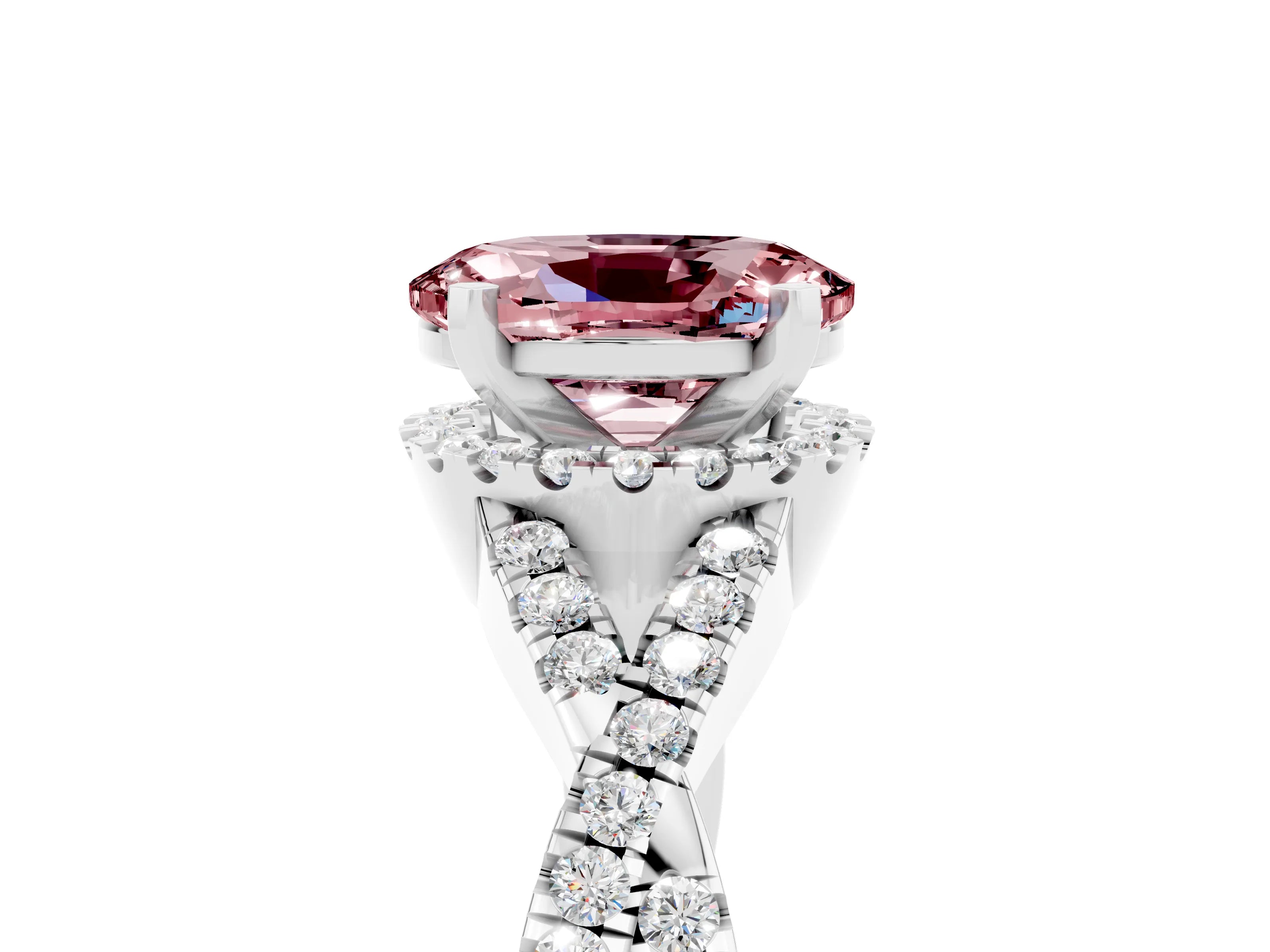White gold Oval Cut Morganite Halo Twist Band Solitaire Prong Setting Ring_5