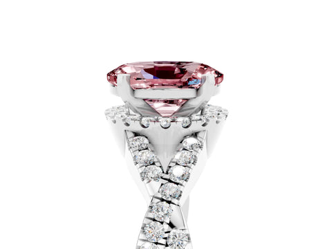 White gold Oval Cut Morganite Halo Twist Band Solitaire Prong Setting Ring_5