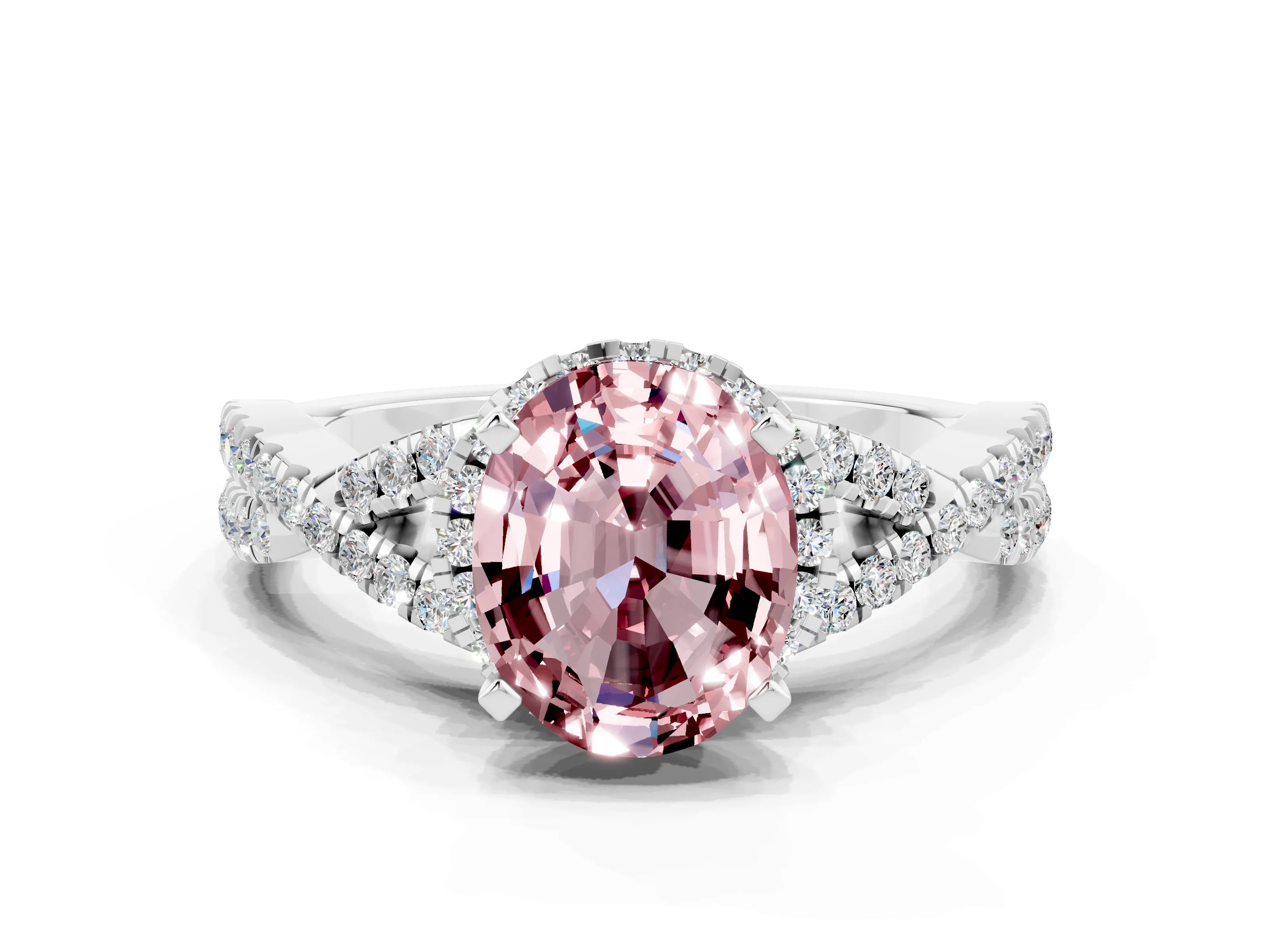White gold Oval Cut Morganite Halo Twist Band Solitaire Prong Setting Ring