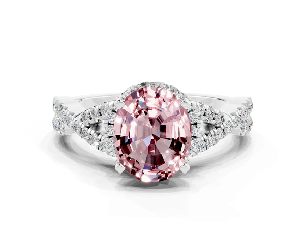 Silver Oval Cut Morganite  Halo Twist Band Solitaire Prong Setting Ring