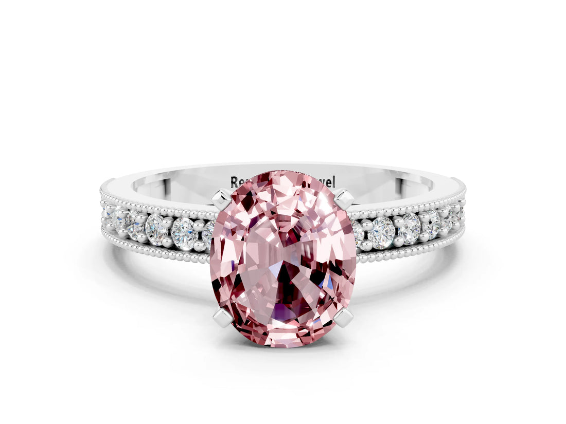 White gold Oval Cut Morganite Milgrain Pavé Engagement Ring with Four-Prong Setting_12