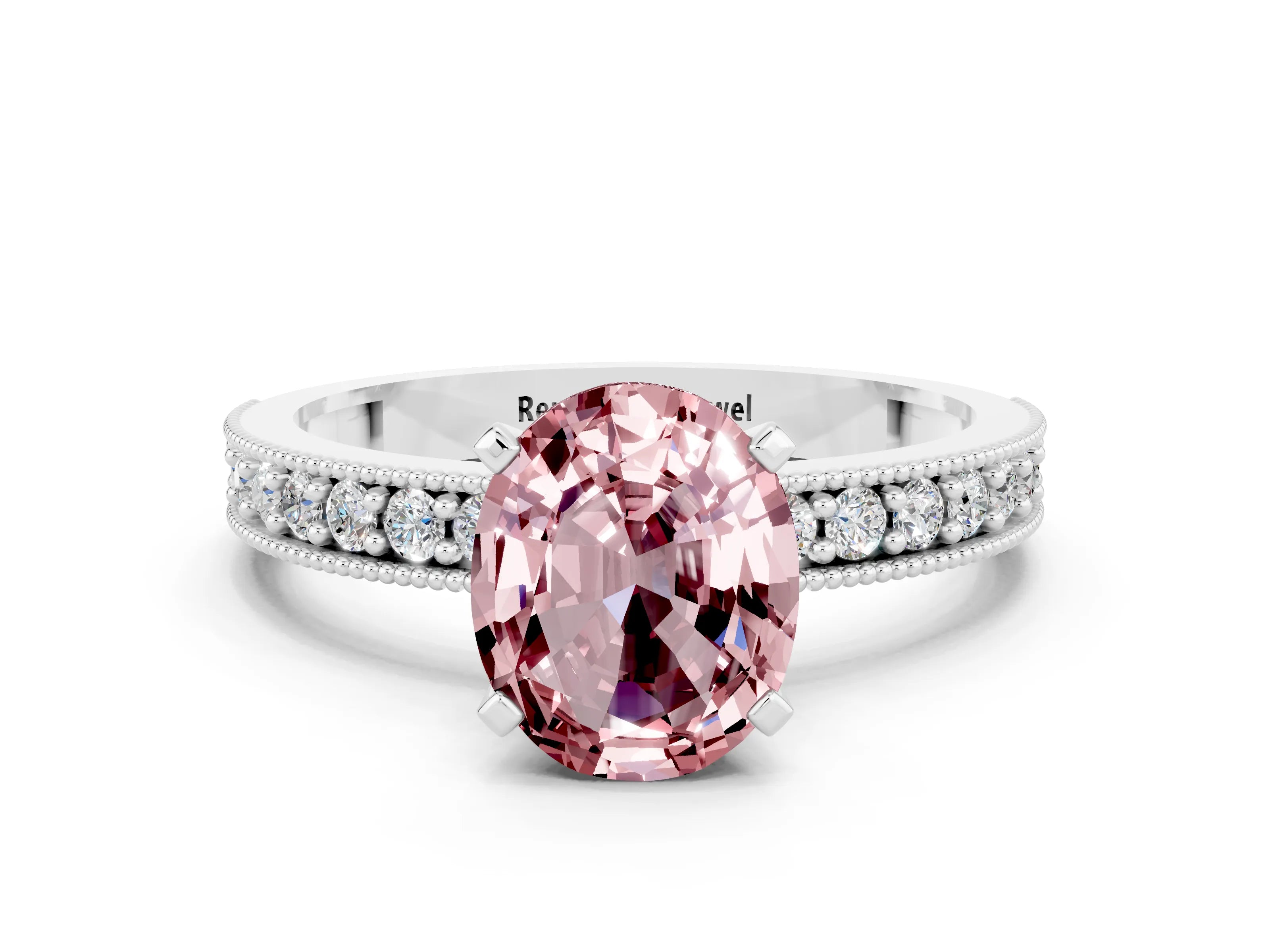 White gold Oval Cut Morganite Milgrain Pavé Engagement Ring with Four-Prong Setting_12