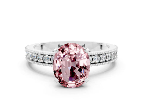 White gold Oval Cut Morganite Milgrain Pavé Engagement Ring with Four-Prong Setting_12