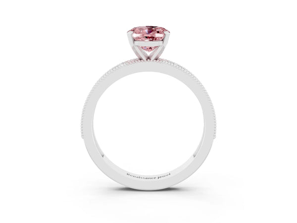 Platinum Oval Cut Morganite Milgrain Pavé Engagement Ring with Four-Prong Setting