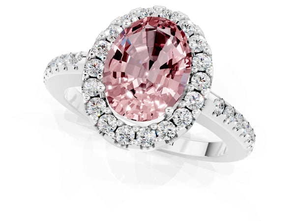White gold Oval Cut Morganite Pavé Halo Ring with Four-Prong Setting