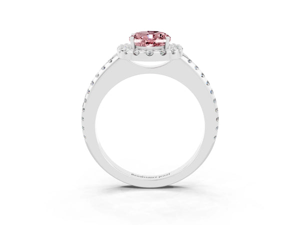 Silver Oval Cut Morganite Pavé Halo Ring with Four-Prong Setting