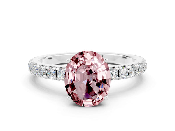 Platinum Oval Cut Morganite Pavé Solitaire Engagement Ring with Four-Prong Setting