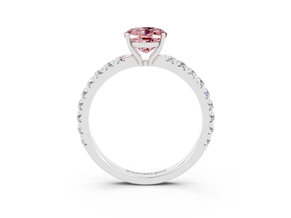 White gold Oval Cut Morganite Pavé Solitaire Engagement Ring with Four-Prong Setting