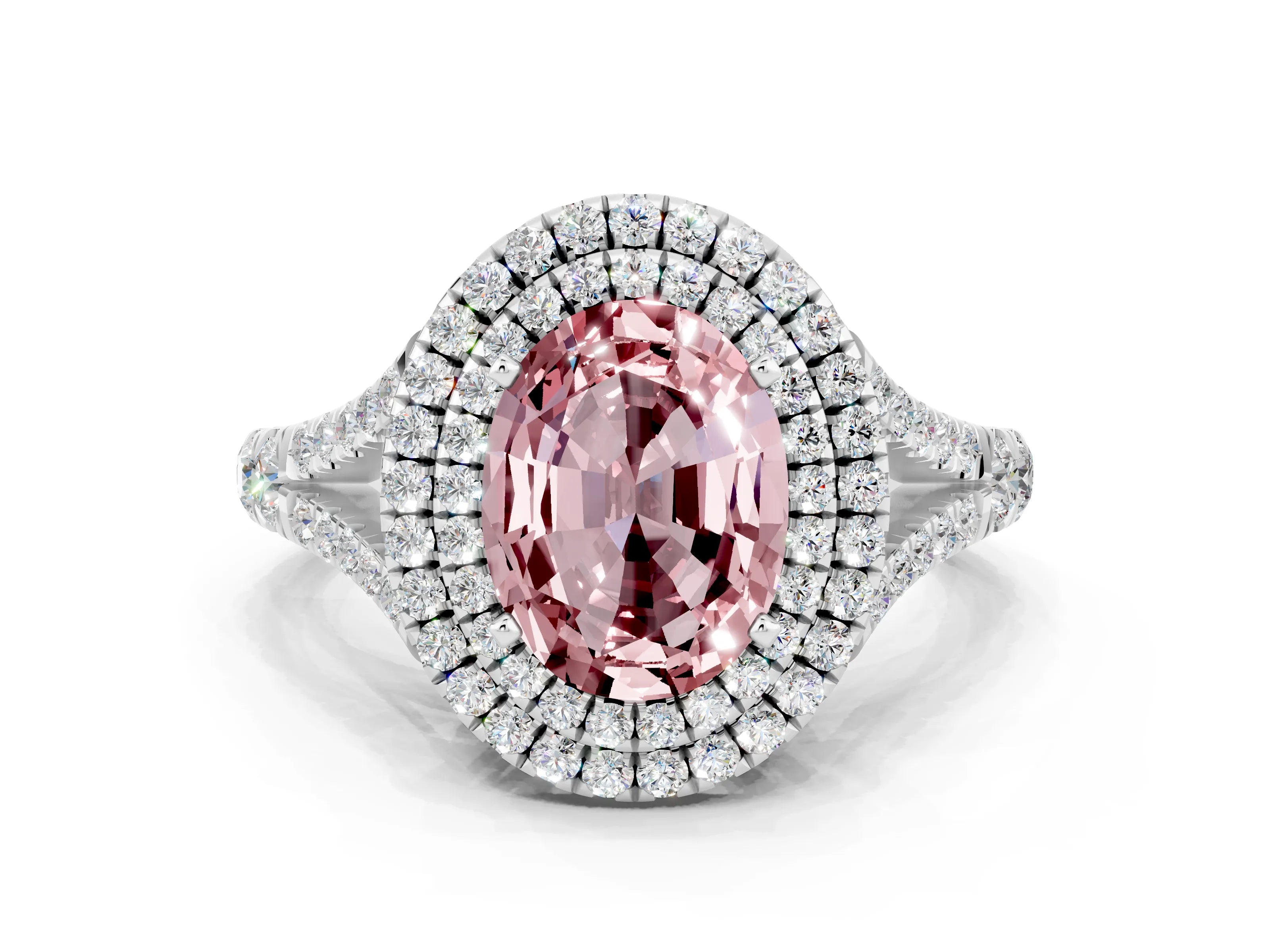 White gold Oval Cut Morganite Pavé Split Shank Double Halo Engagement Ring