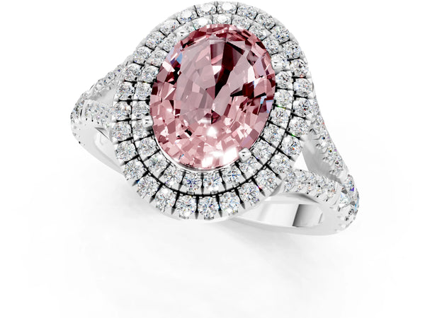 Platinum Oval Cut Morganite Pavé Split Shank Double Halo Engagement Ring