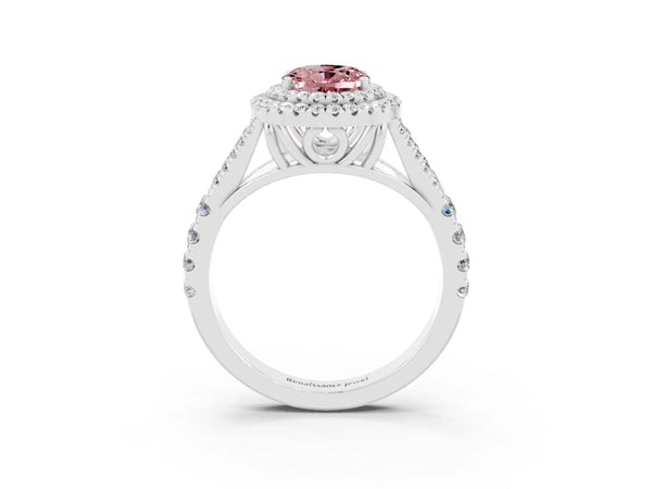 Silver Oval Cut Morganite Pavé Split Shank Double Halo Engagement Ring