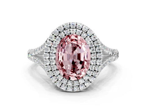 White gold Oval Cut Morganite Pavé Split Shank Double Halo Engagement Ring